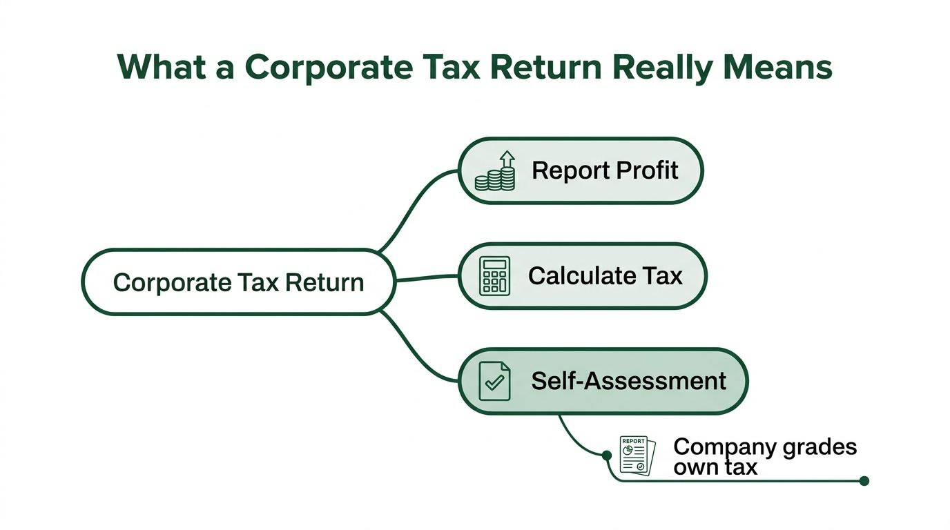 A diagram illustrating that a corporate tax return involves reporting profit, calculating tax, and self-assessment.