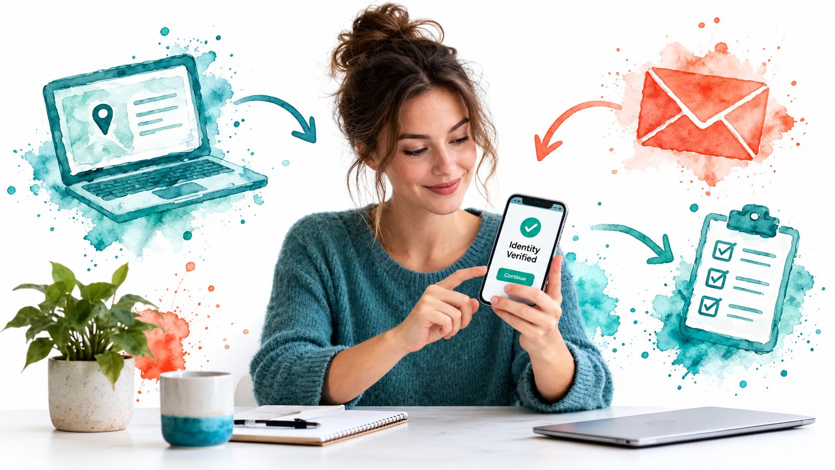 A woman using her smartphone to complete a digital identity verification process for a virtual business address.