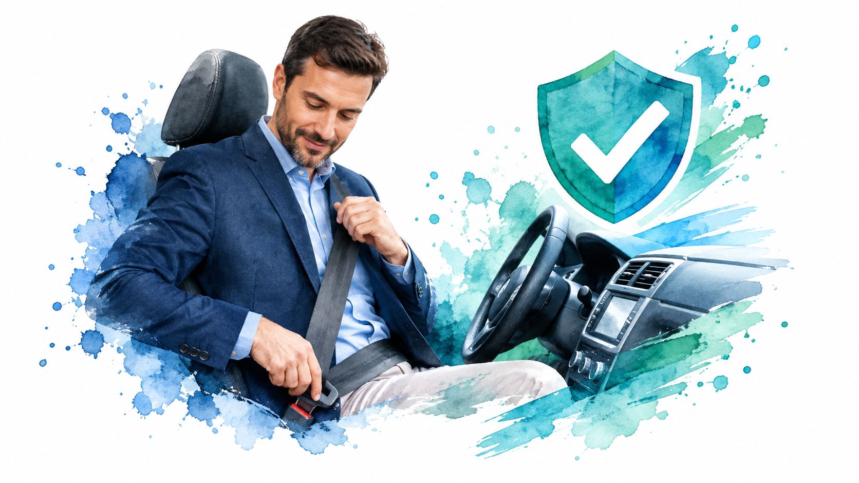 A professional man in a business suit fastening his seatbelt while sitting inside a car interior.
