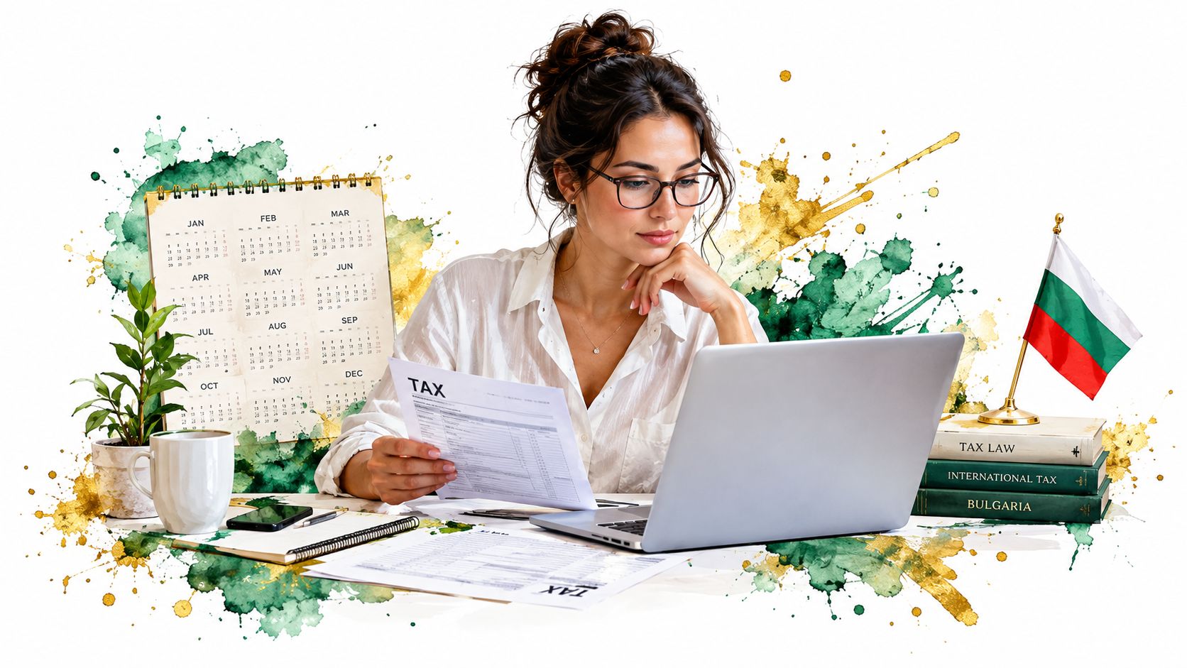 A professional woman working at a desk with tax documents, a laptop, and Bulgarian flag accents.