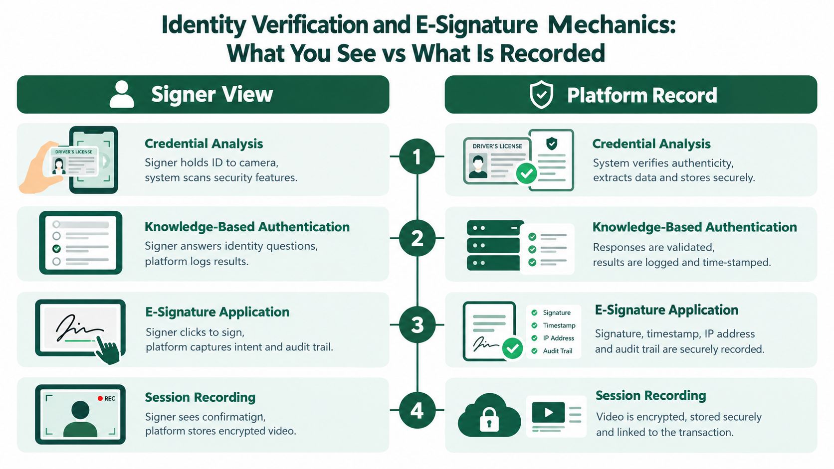 A diagram comparing the user experience and platform backend records for identity verification and e-signature processes.