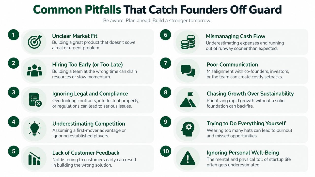 A numbered list of ten common pitfalls that startup founders should be aware of and avoid.