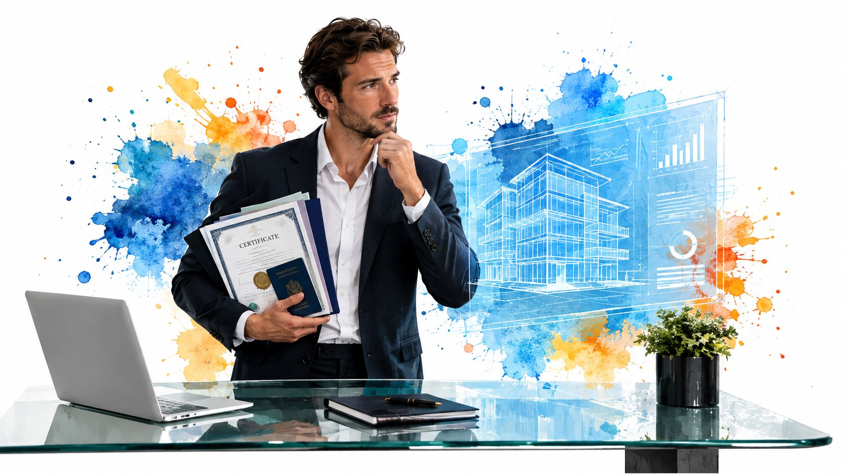 A professional man in a suit holding certificates and a passport while reviewing architectural building plans.