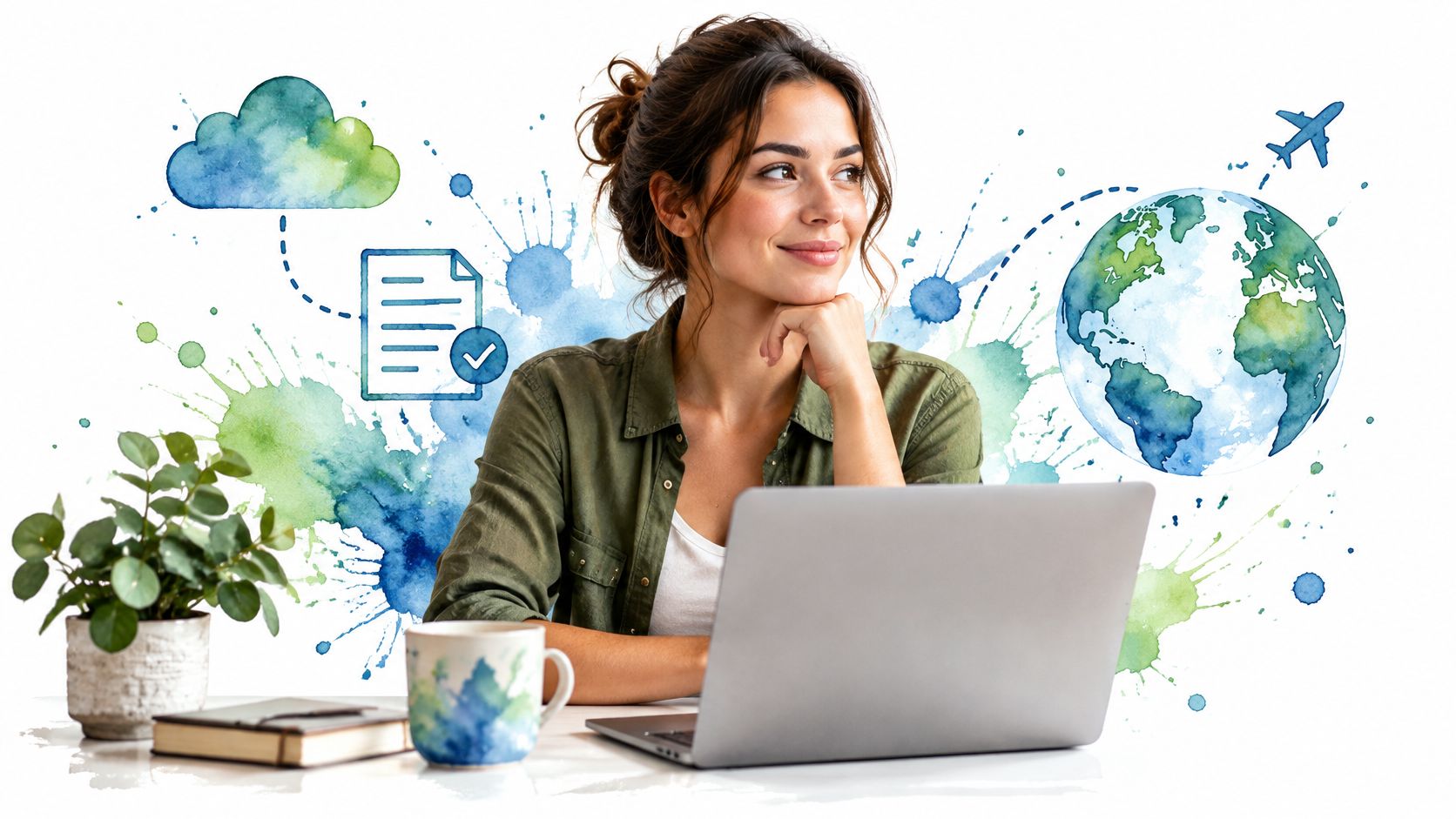 A woman working at a laptop with artistic icons representing cloud documents and global travel compliance.