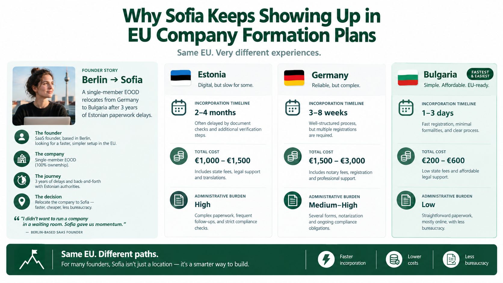 An infographic comparing company formation timelines, costs, and bureaucracy in Estonia, Germany, and Bulgaria.