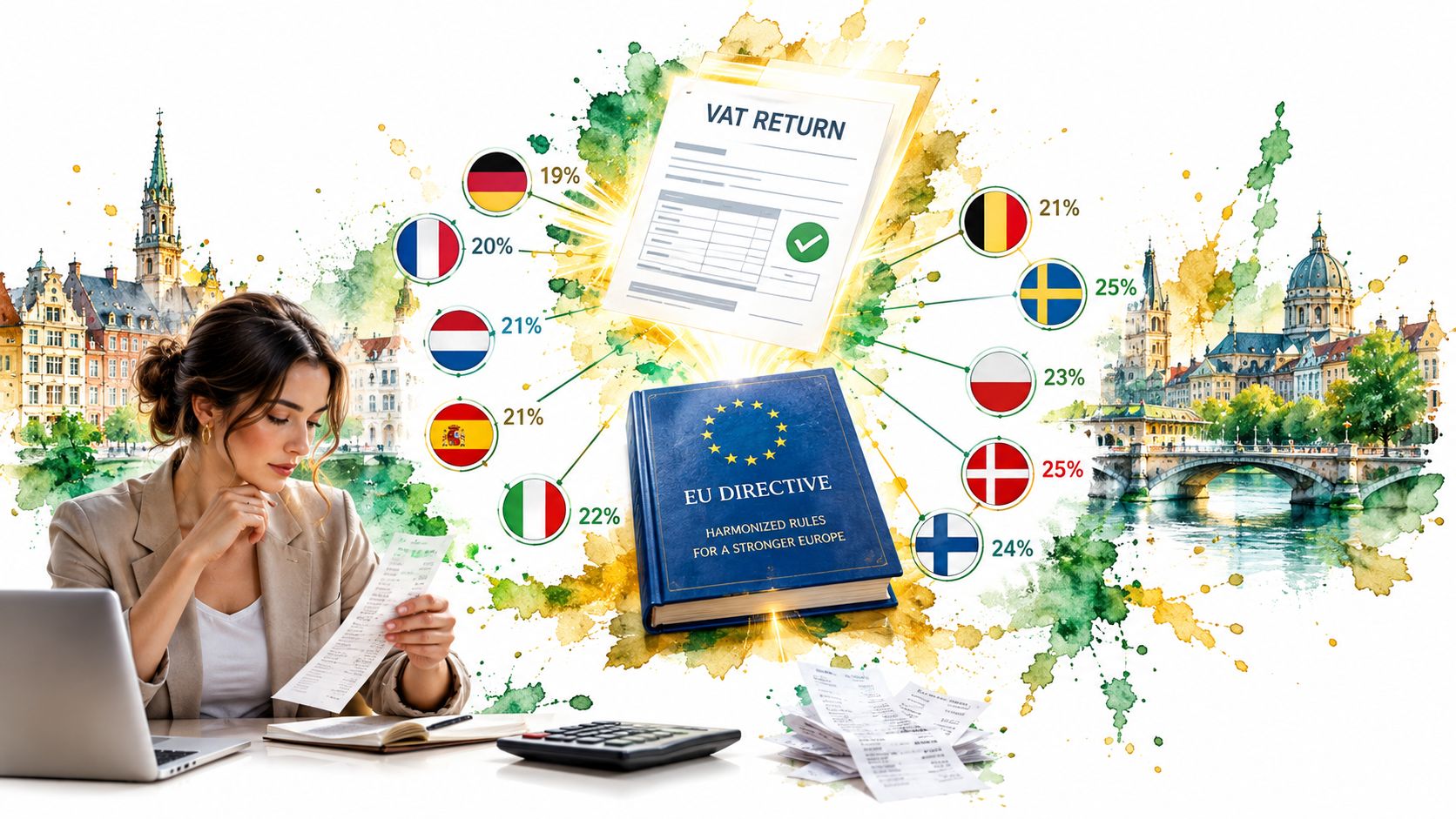 A professional woman working on VAT returns with a laptop, calculator, and European tax directive book.