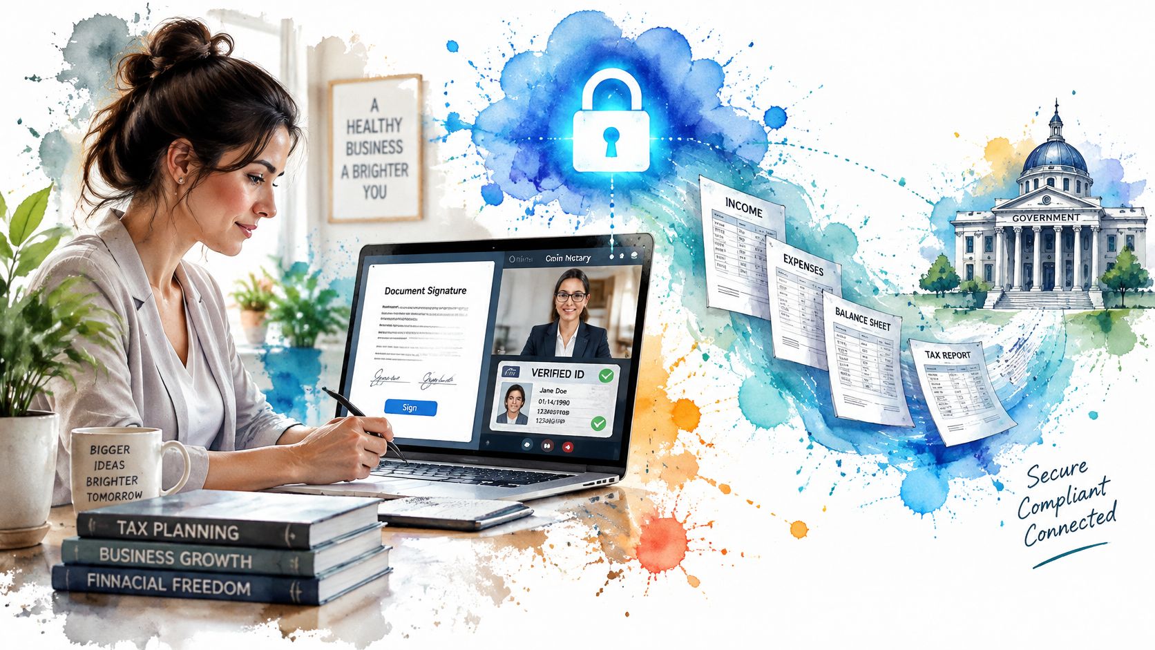 A woman working on a laptop with secure digital document signing, tax reporting, and government compliance tools.