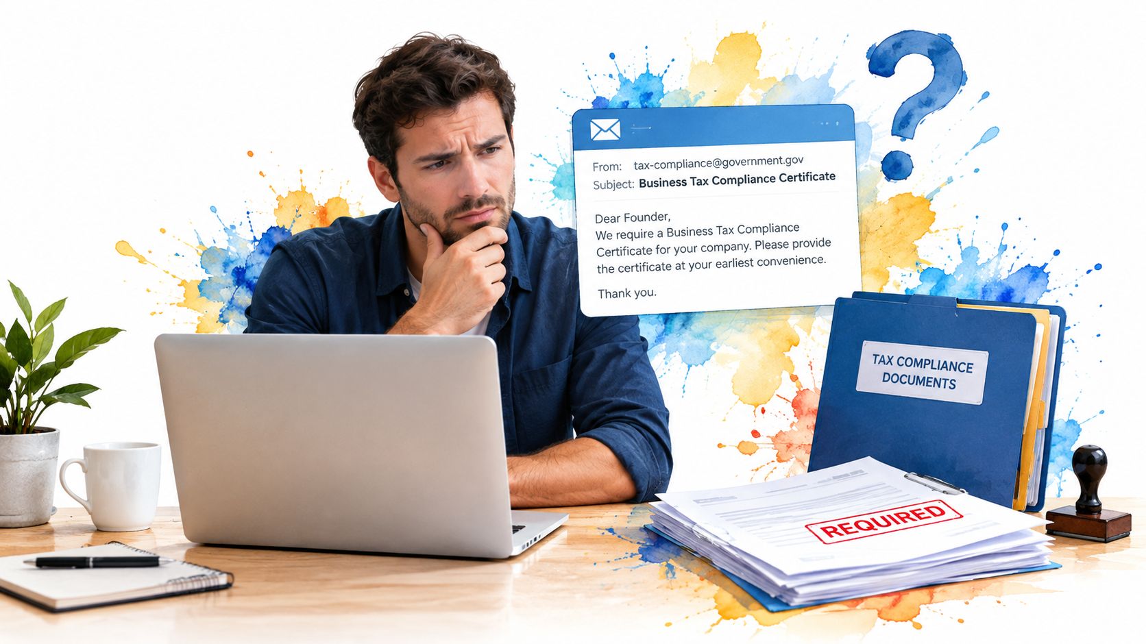 A concerned business founder reviewing a request for a business tax compliance certificate on his laptop.