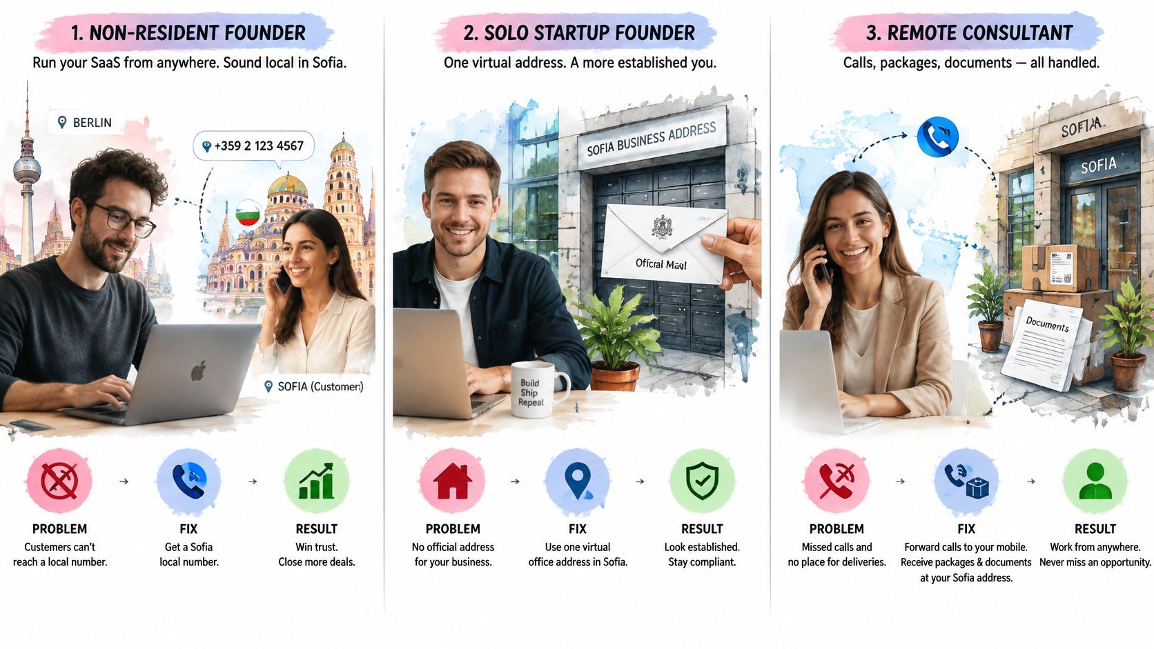 A visual guide illustrating services for virtual office addresses and local business phone numbers in Sofia, Bulgaria.