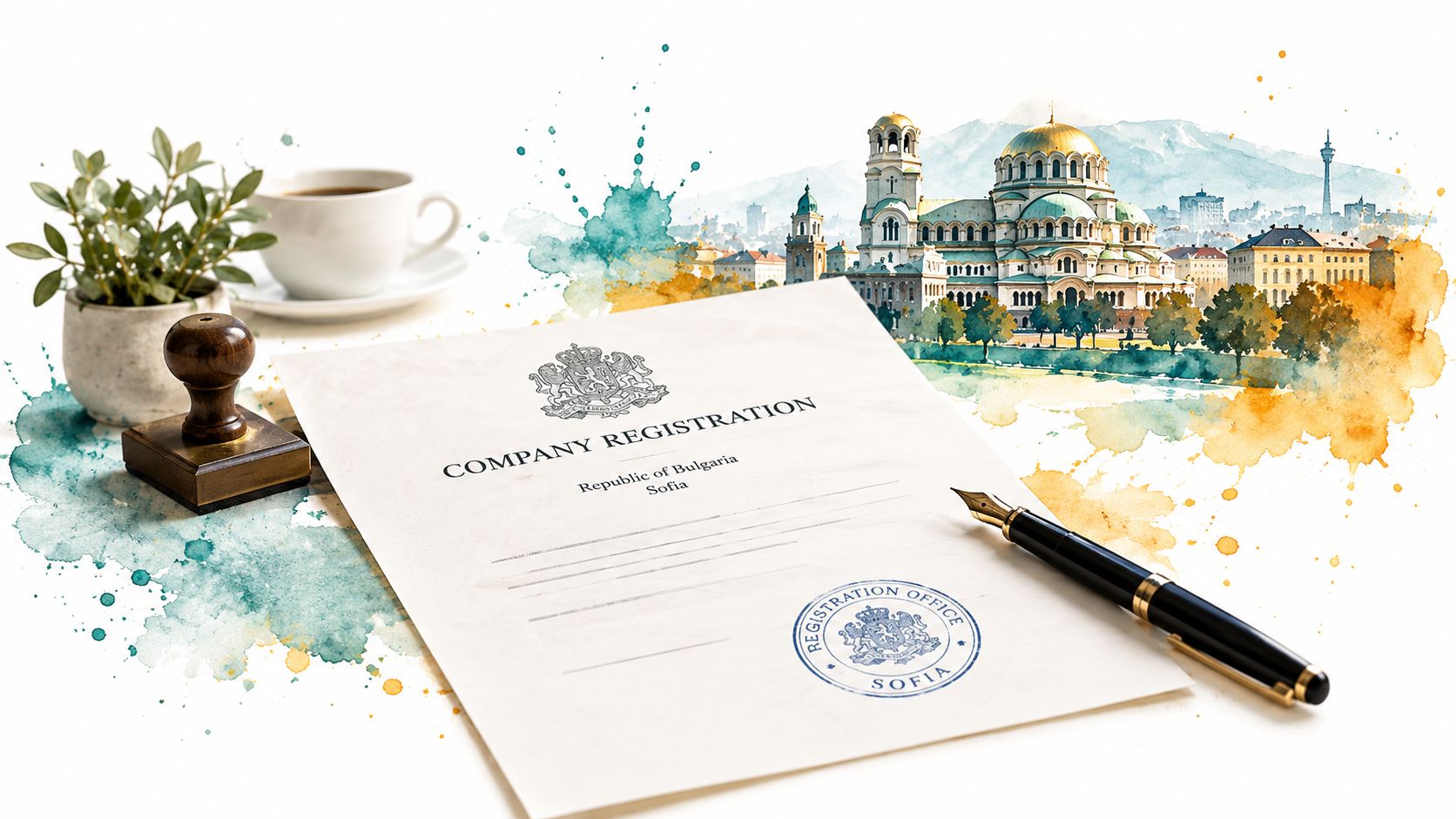 A document titled Company Registration for the Republic of Bulgaria sits on a desk with a fountain pen.