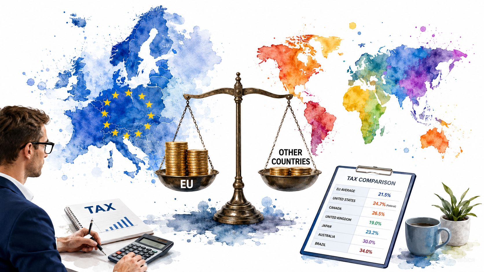 A professional analyzing a tax comparison chart between the European Union and other countries using a scale.