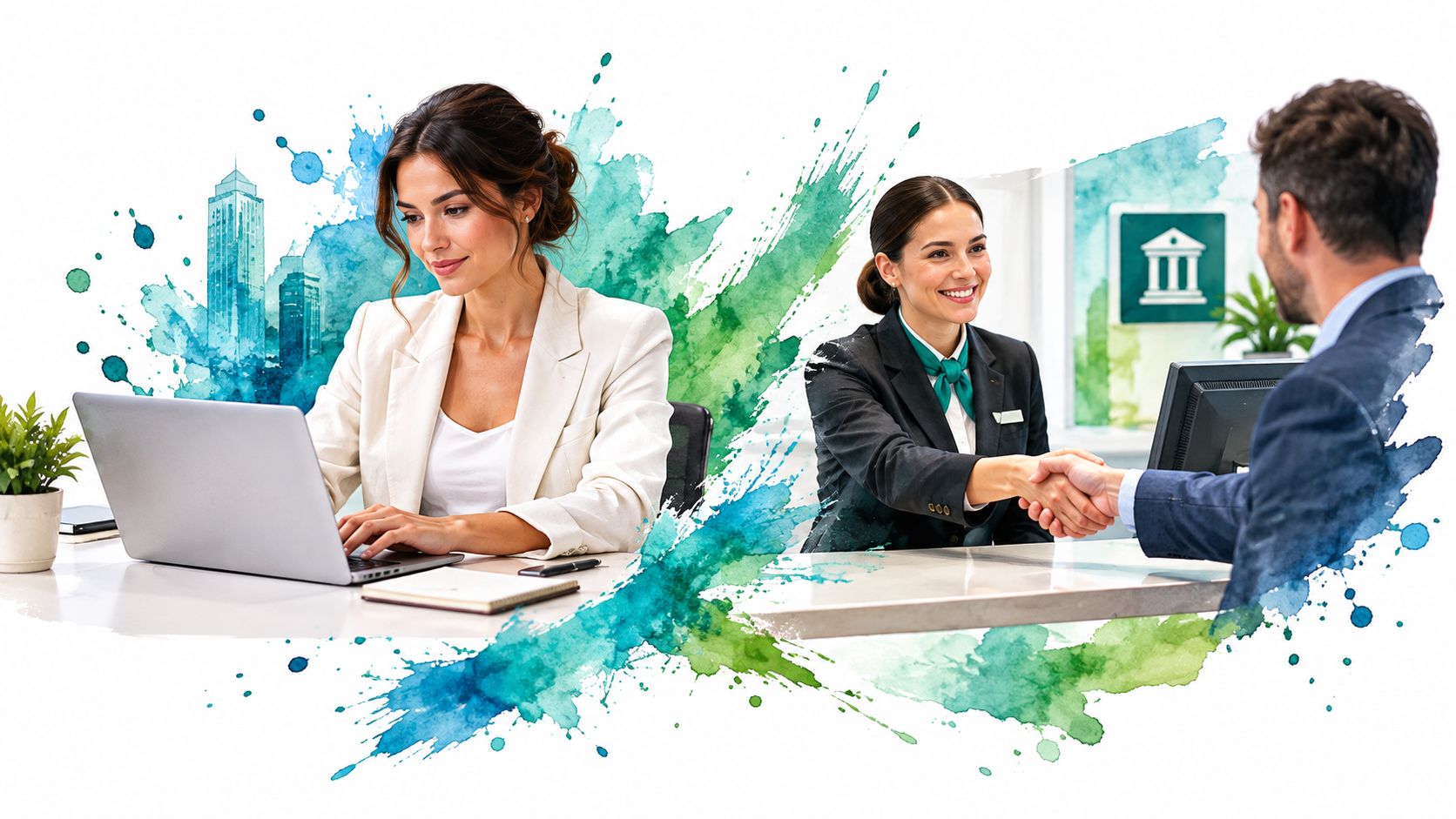 A professional woman working on a laptop alongside a bank employee shaking hands with a client.