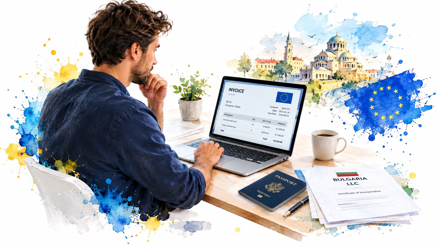 A man sitting at a desk working on a laptop with an invoice, passport, and business certificate displayed.