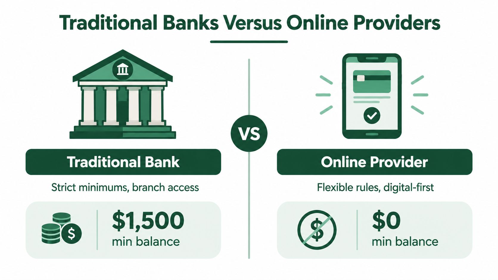 A comparison graphic showing traditional banks requiring a $1500 minimum balance versus online providers with no minimums.