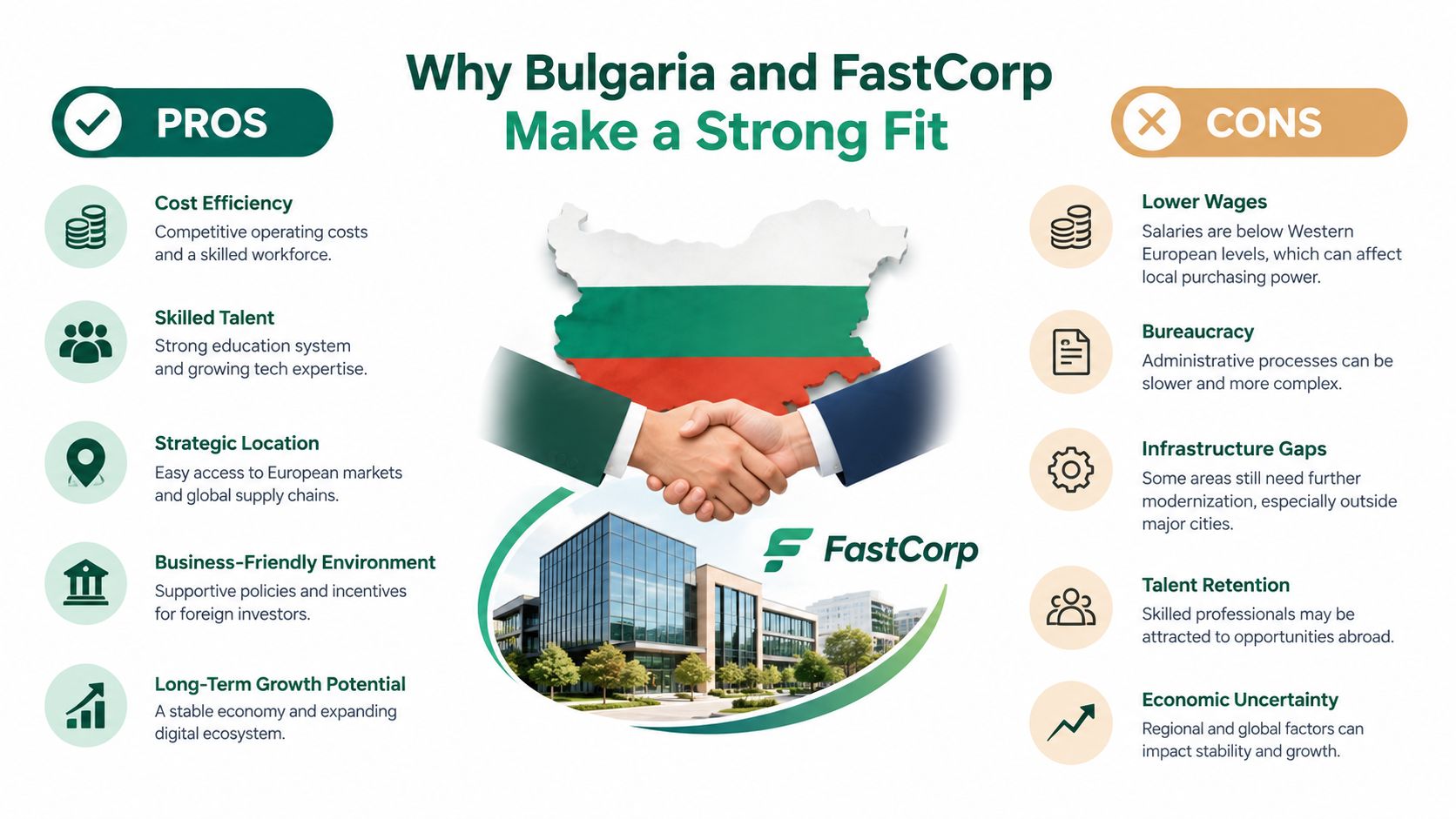 An infographic showing pros and cons of business expansion in Bulgaria for the company FastCorp.