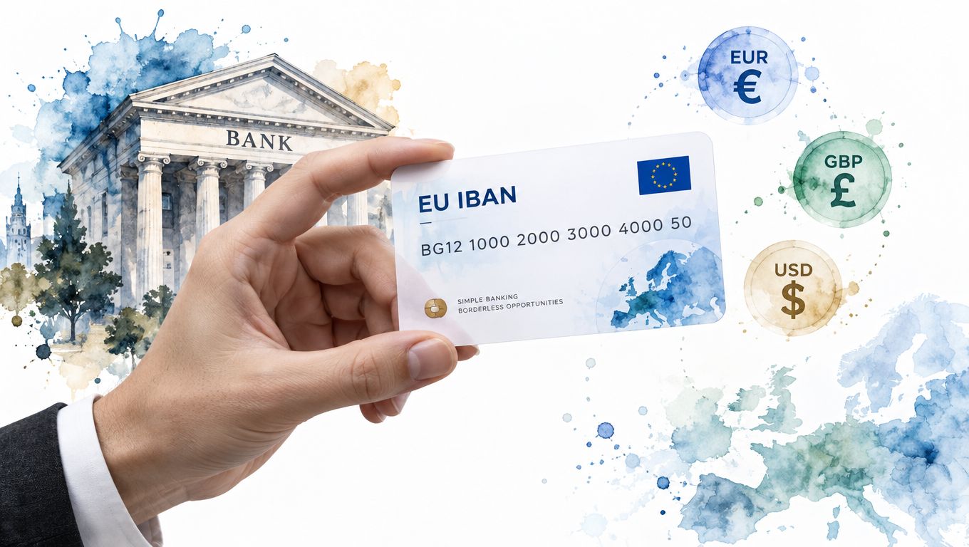 A hand holding a bank card with European Union branding and IBAN details, suggesting borderless international financial services.