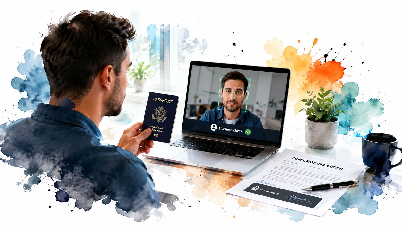 A man completing a secure identity verification process for a non-resident business bank account on his laptop.