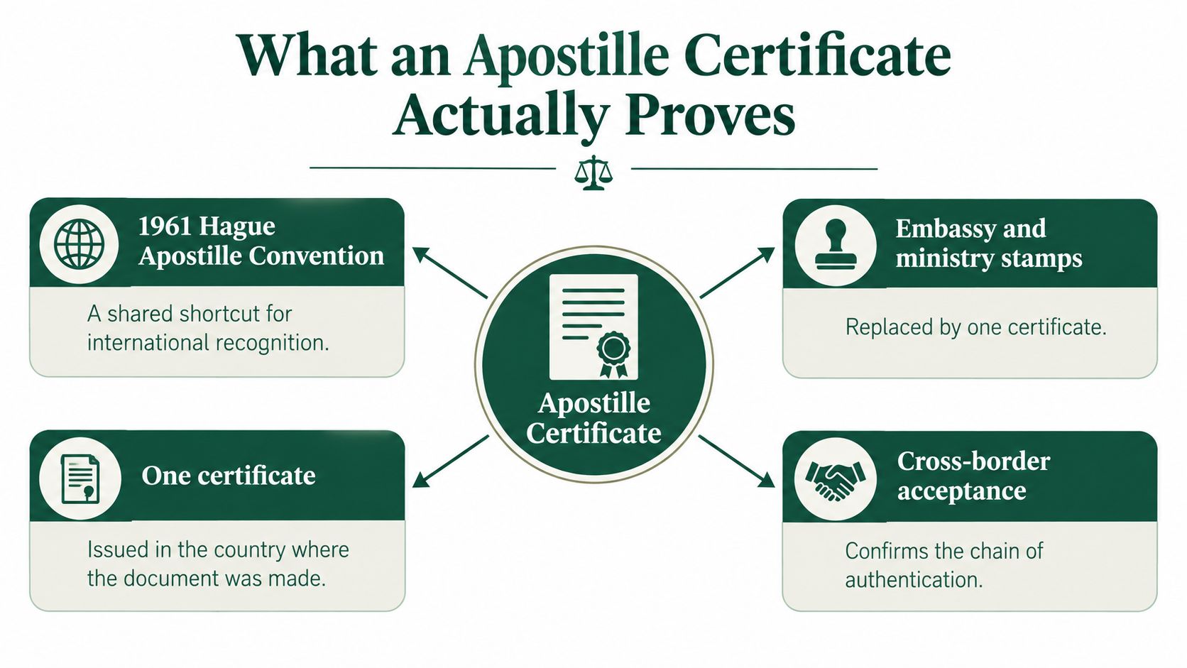 An infographic titled What an Apostille Certificate Actually Proves, detailing its function in international document authentication.
