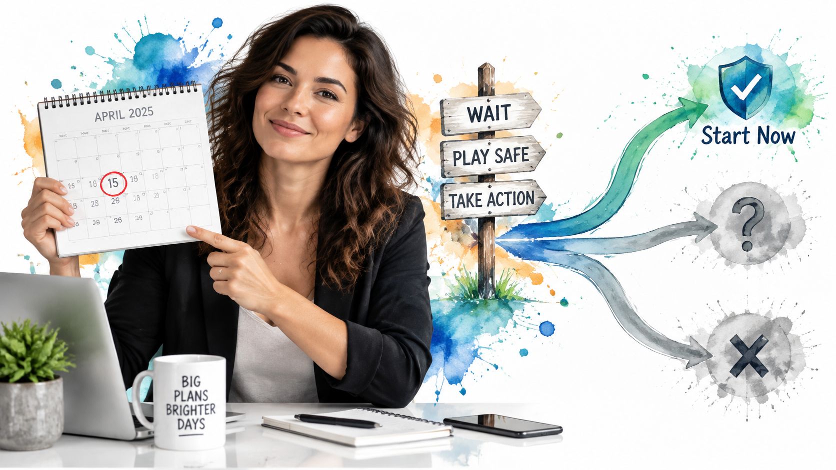 A professional woman holding an April 2025 calendar, emphasizing the importance of taking immediate corporate tax action.
