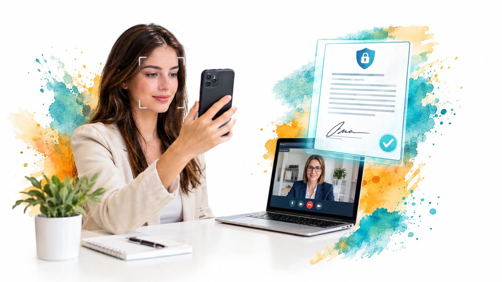 A businesswoman uses facial recognition on her smartphone during a digital document signing meeting on a laptop.