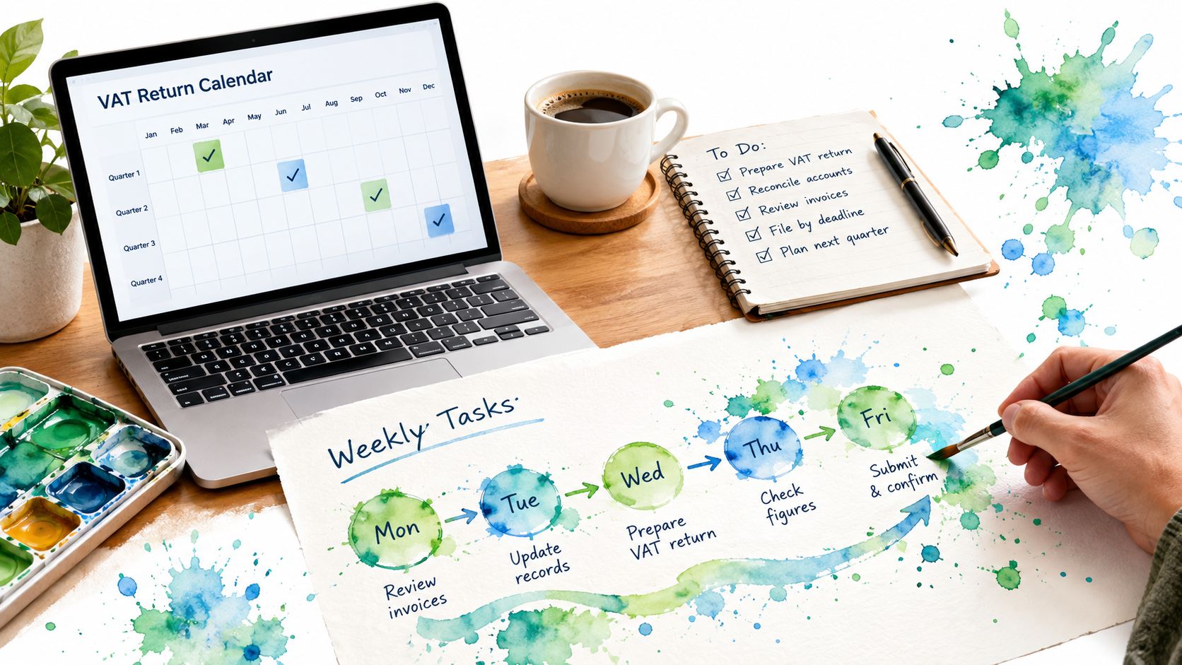 A workspace with a laptop displaying a VAT return calendar, a to-do list, and a weekly task illustration.