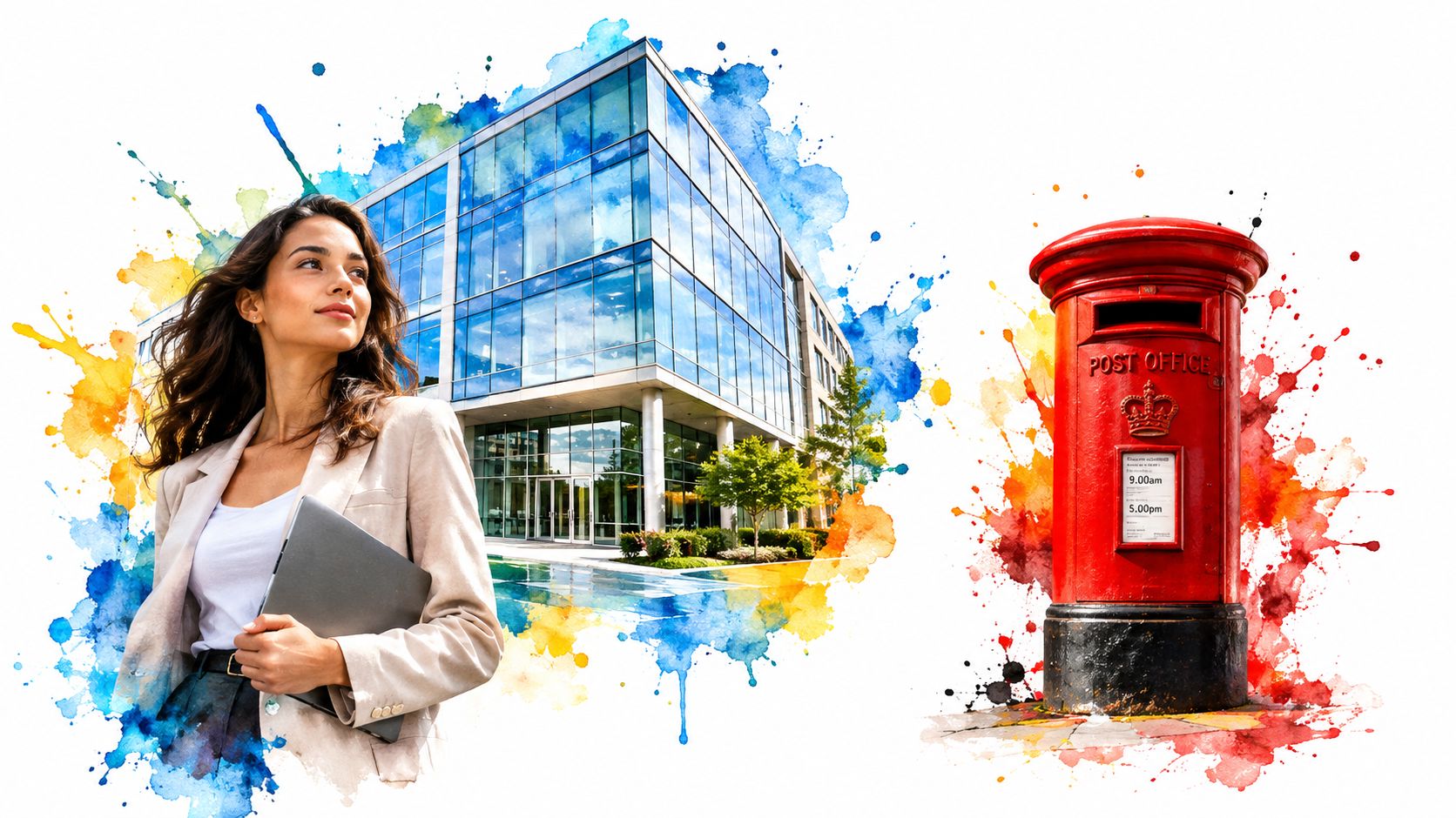 A professional woman holding a laptop in front of a modern glass office building and a mailbox.