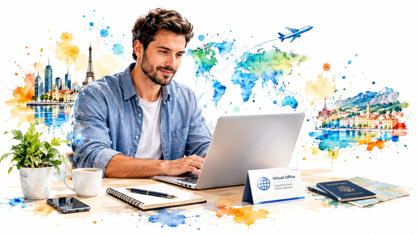 A professional man working on a laptop at a desk with travel-themed watercolor illustrations and passport nearby.