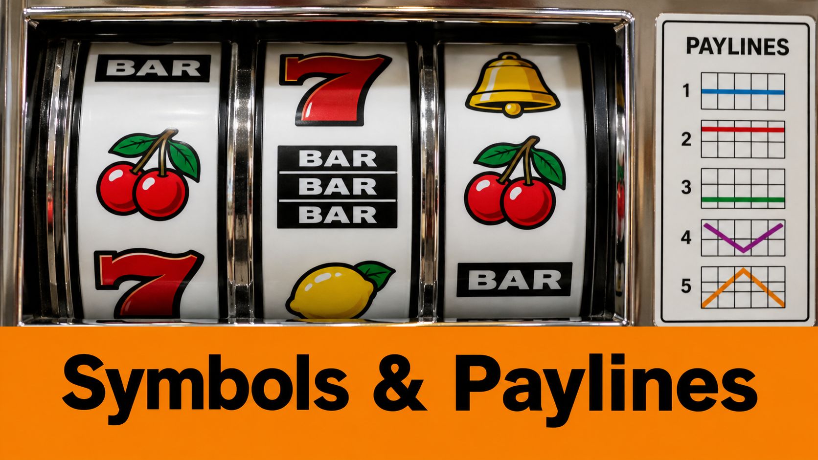 A close-up view of a slot machine showing the middle reel symbols and the payline table.