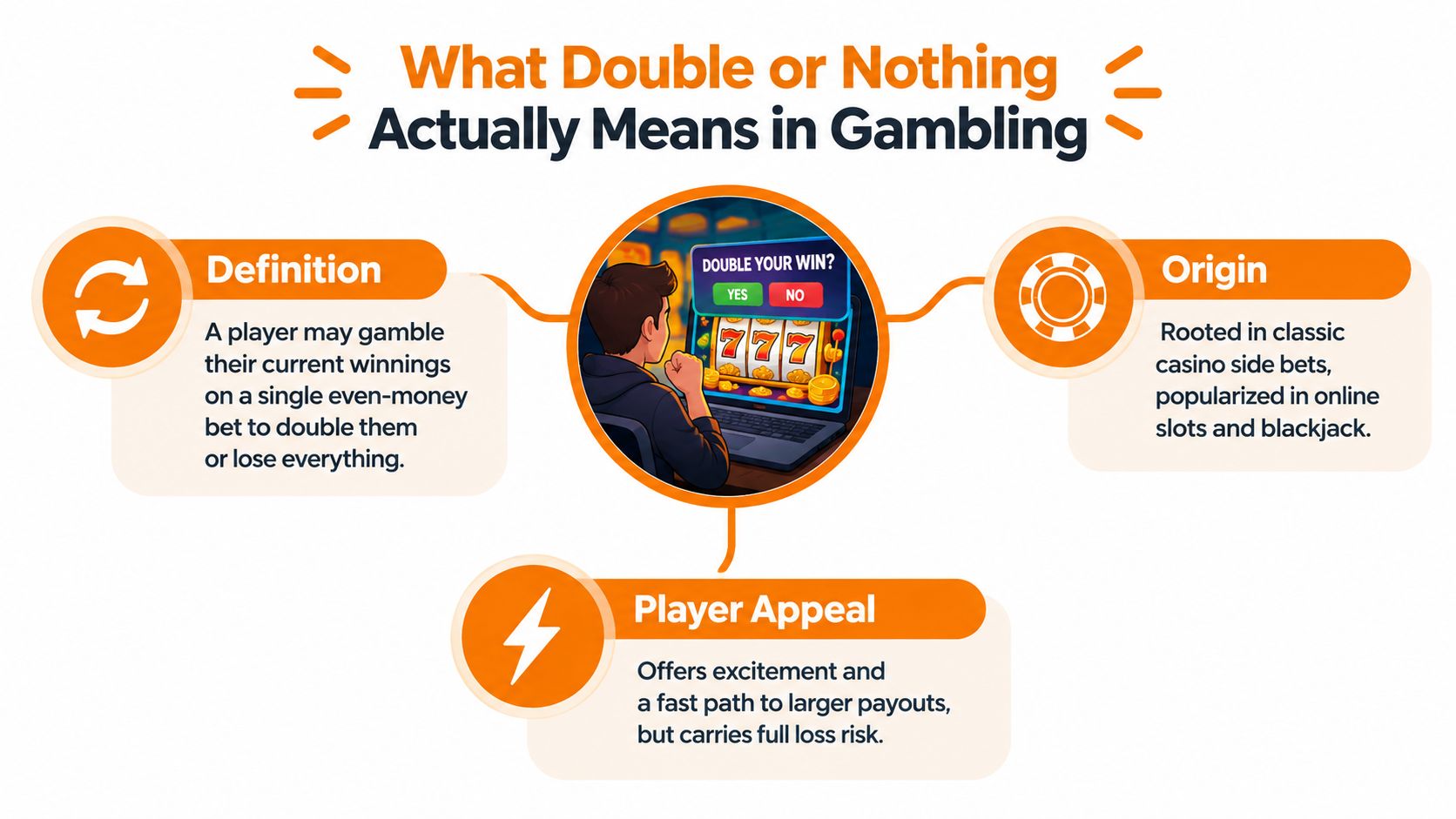 An infographic explaining the concept of Double or Nothing in gambling with definitions, origins, and player appeal.