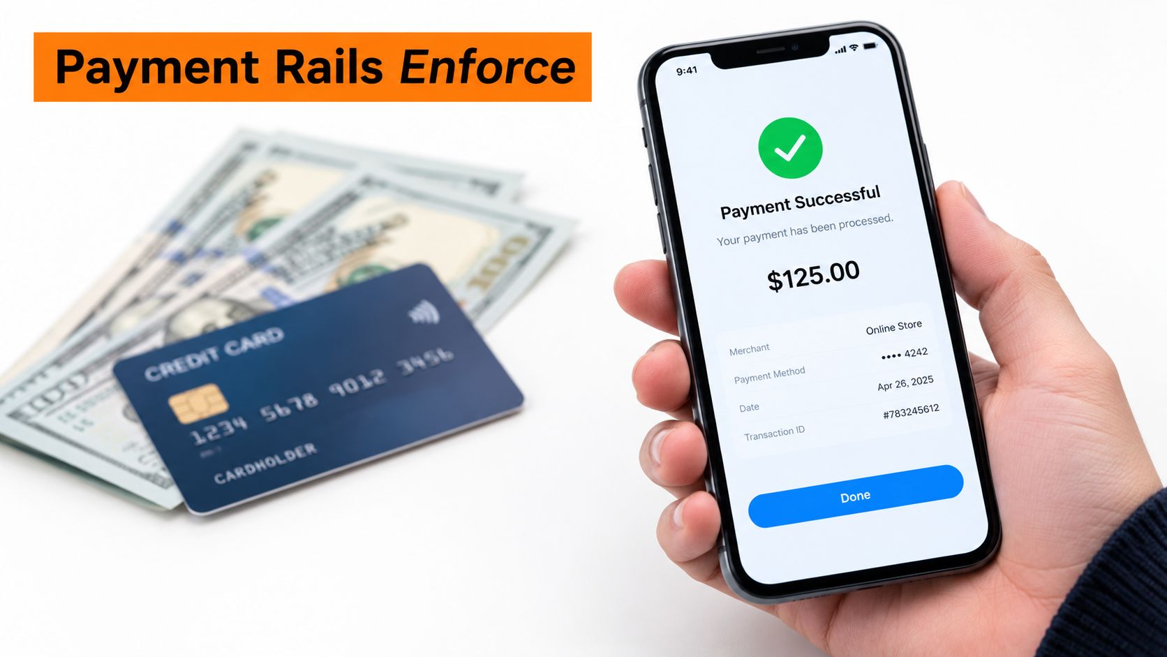 A hand holding a smartphone showing a successful payment confirmation screen next to cash and credit card.