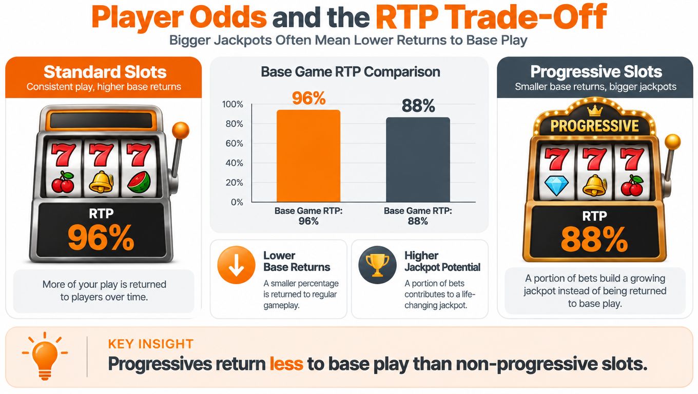 An infographic comparing the Return to Player (RTP) percentages between standard slot machines and progressive jackpot slot machines.