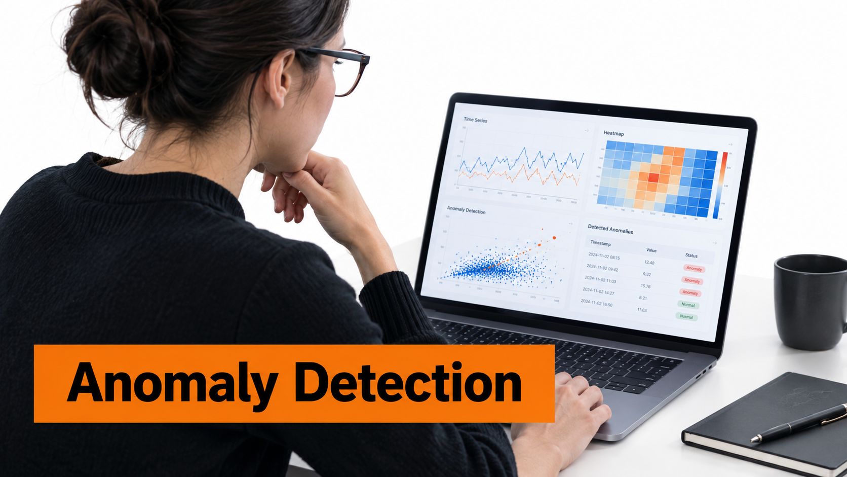 A professional analyzing data anomaly detection charts and automated transaction alerts on a modern laptop screen.