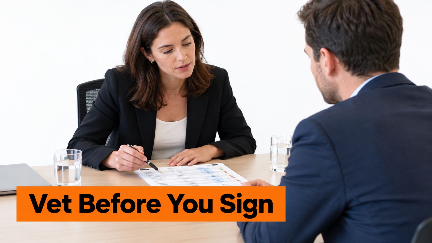 A professional woman in a business suit reviewing documents with a male colleague during a meeting.