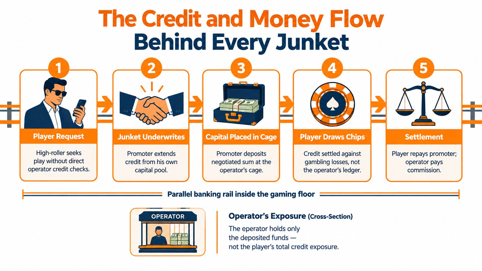 An infographic detailing the five-step credit and money flow process involved in a casino junket system.