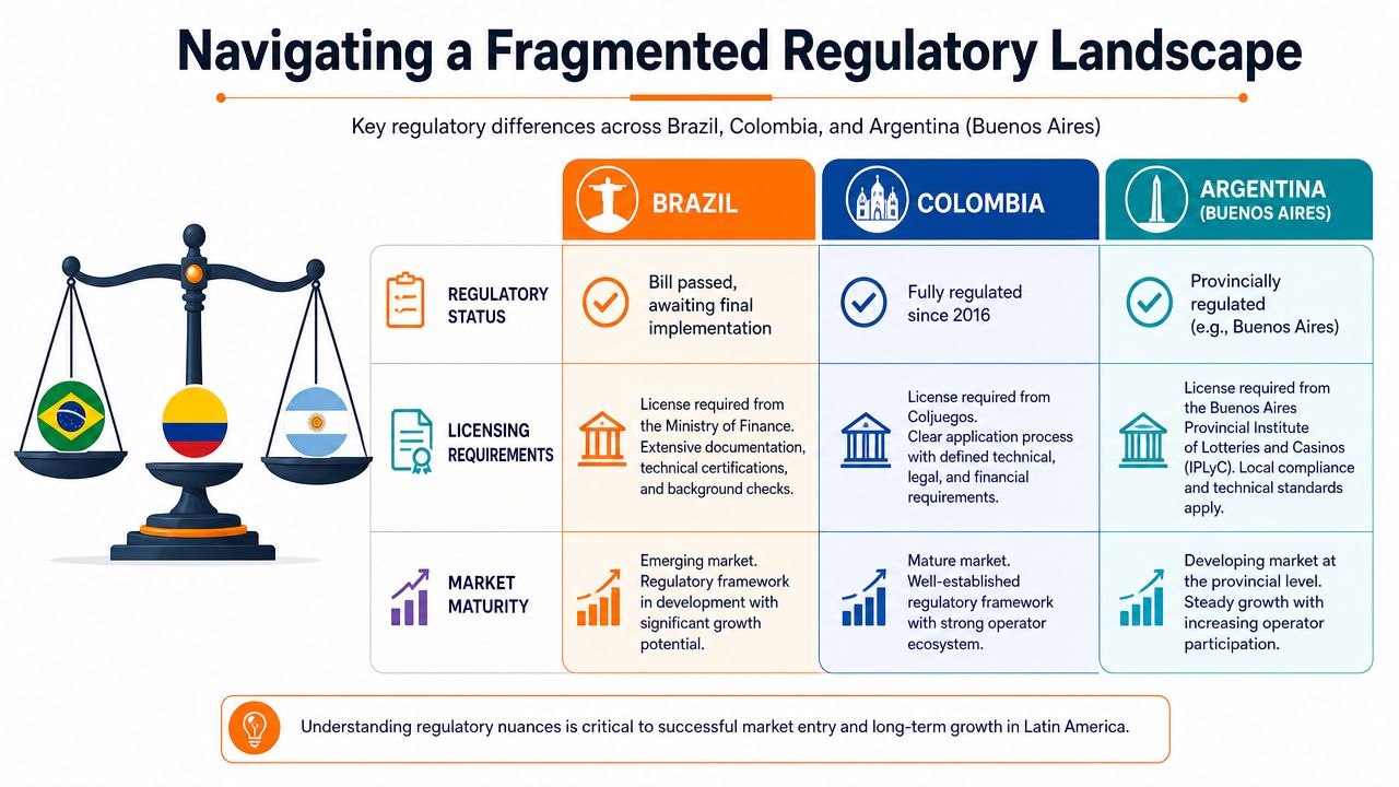 A comparison chart detailing regulatory status, licensing requirements, and market maturity in Brazil, Colombia, and Argentina.
