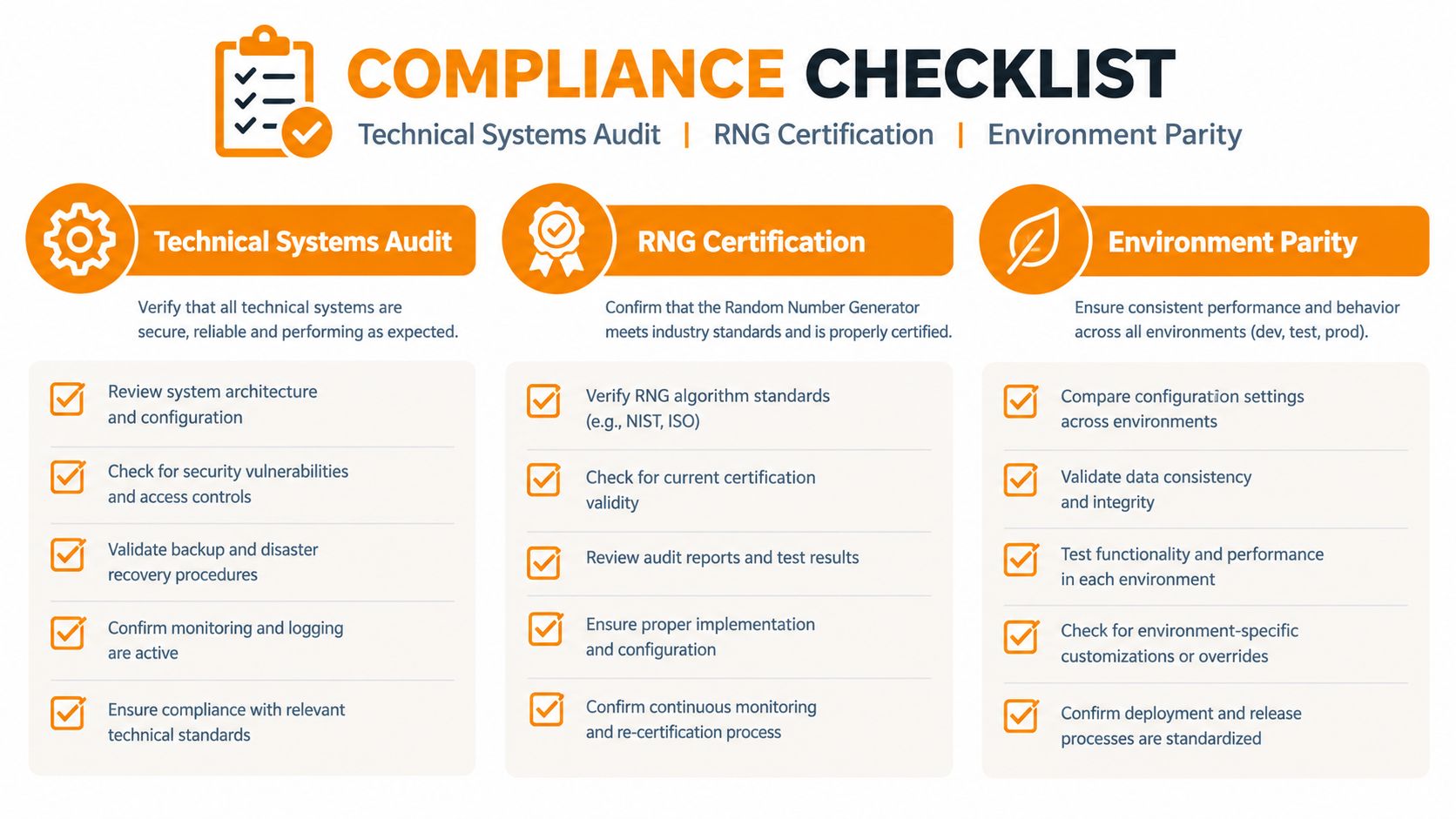 Compliance checklist infographic covering technical systems audits, RNG certification, and environment parity for software systems.
