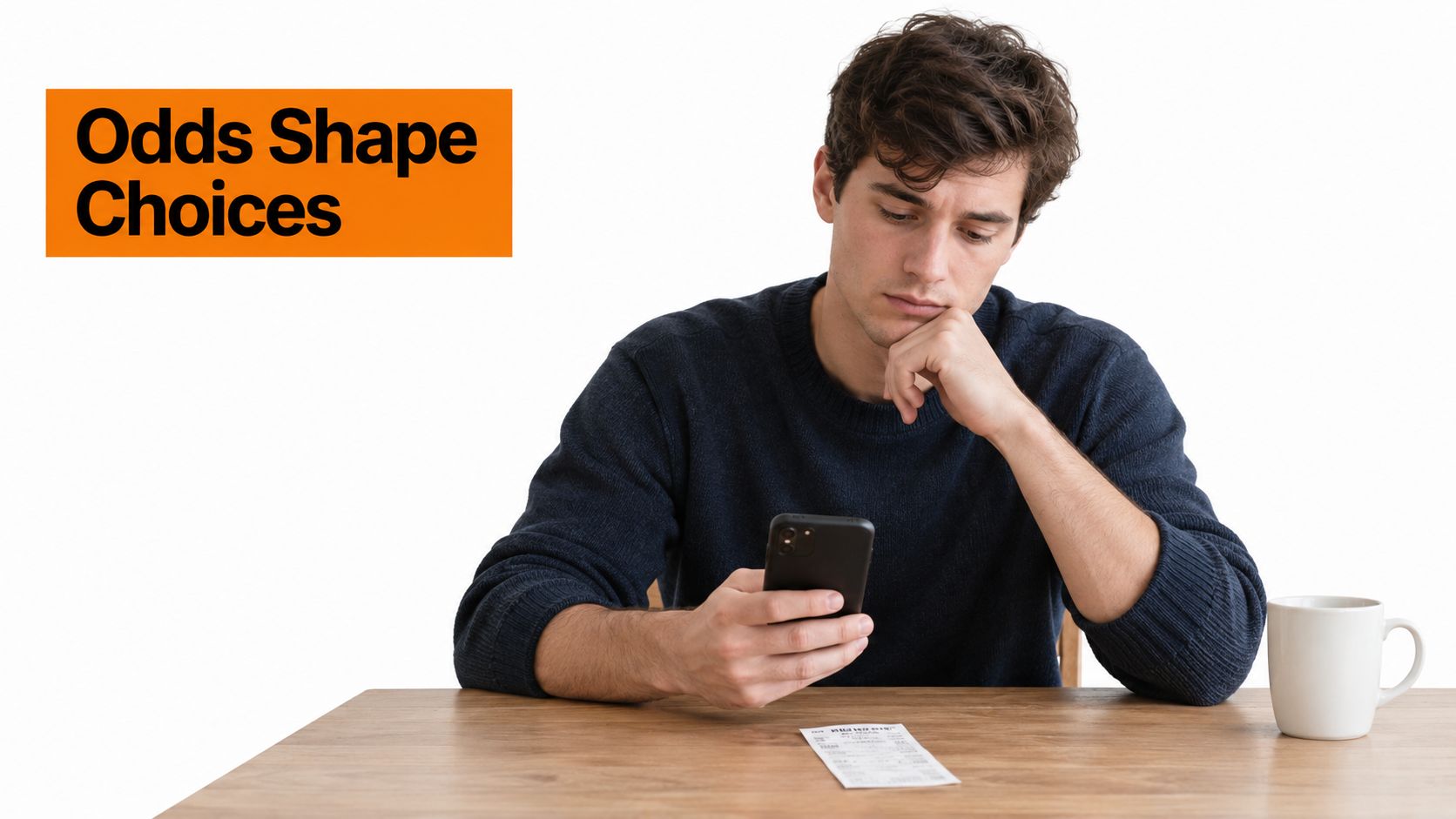 A pensive young man sitting at a wooden table looking at his smartphone with a betting slip.