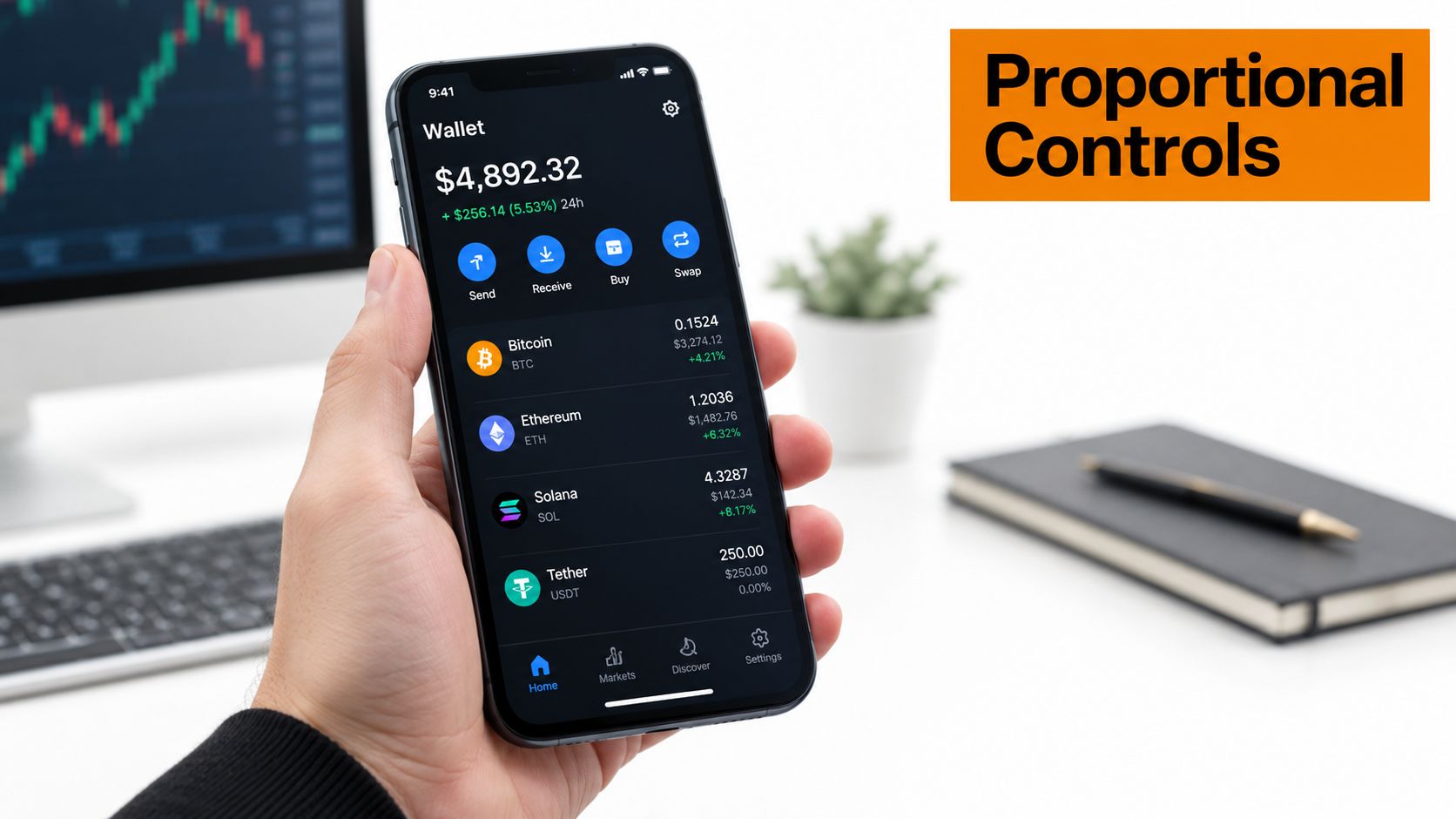 A person holding a smartphone displaying a cryptocurrency wallet app with various digital assets and market data.