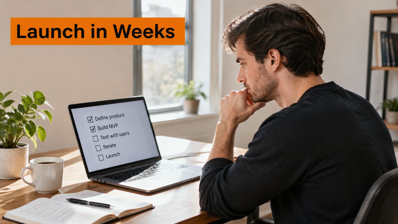 A focused man looking at a laptop screen displaying a product development checklist on a wooden desk.