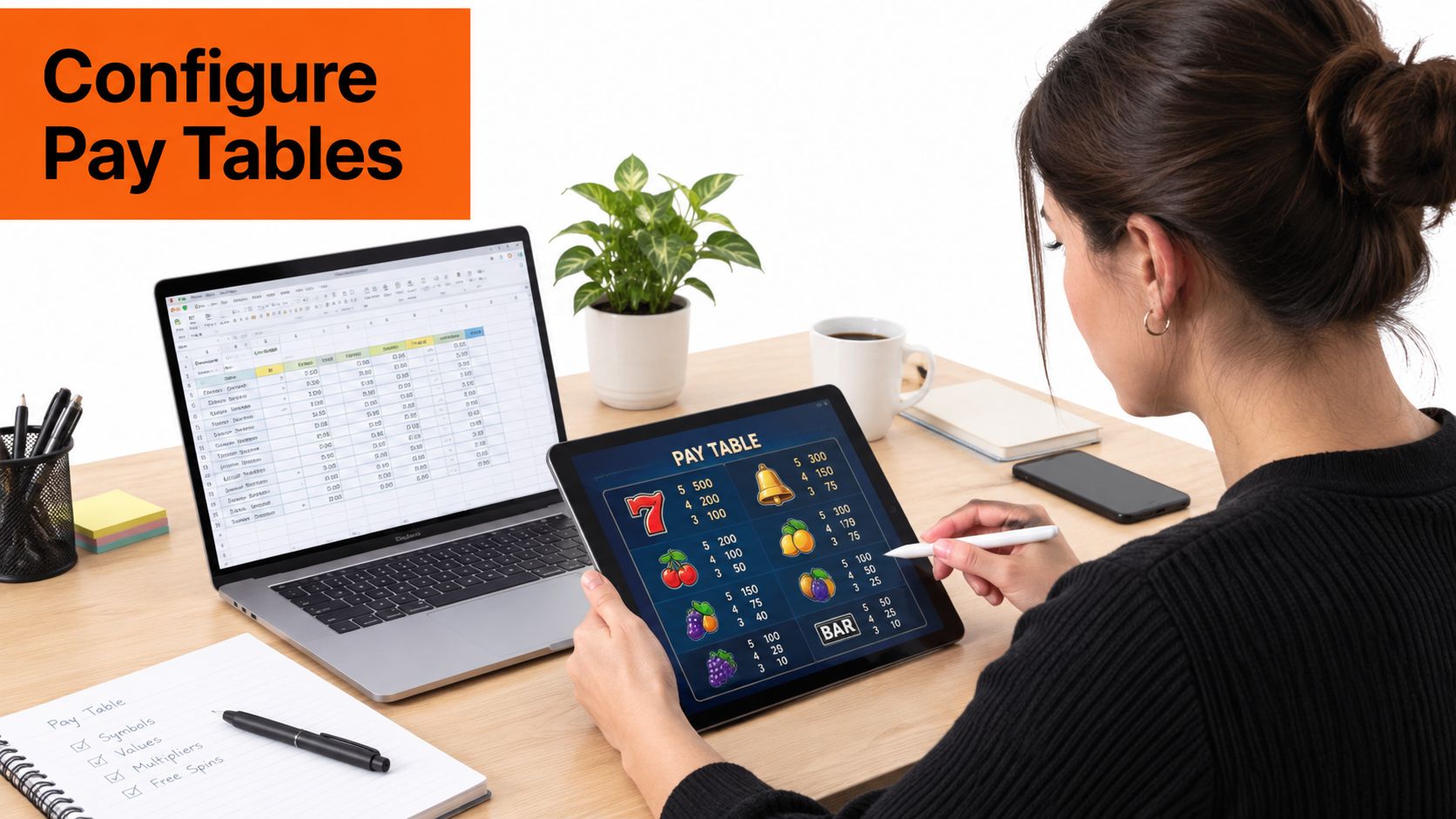 A woman working on a digital tablet to configure slot pay tables at a wooden office desk.