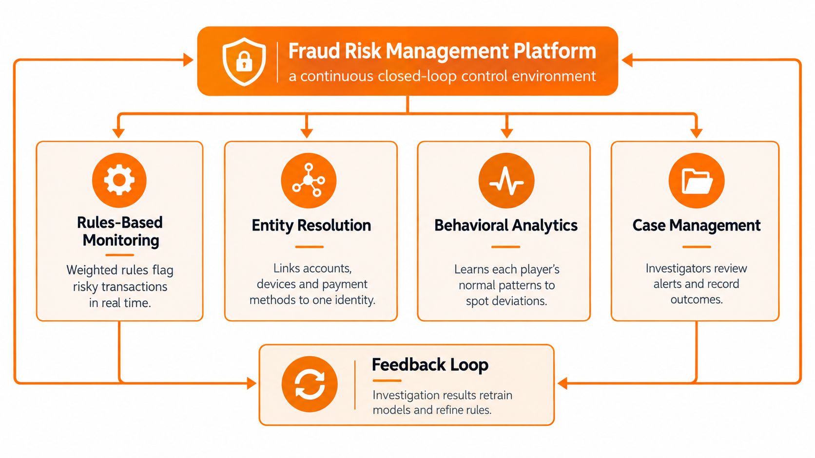 A diagram illustrating a Fraud Risk Management Platform with components for monitoring, entity resolution, analytics, and feedback.