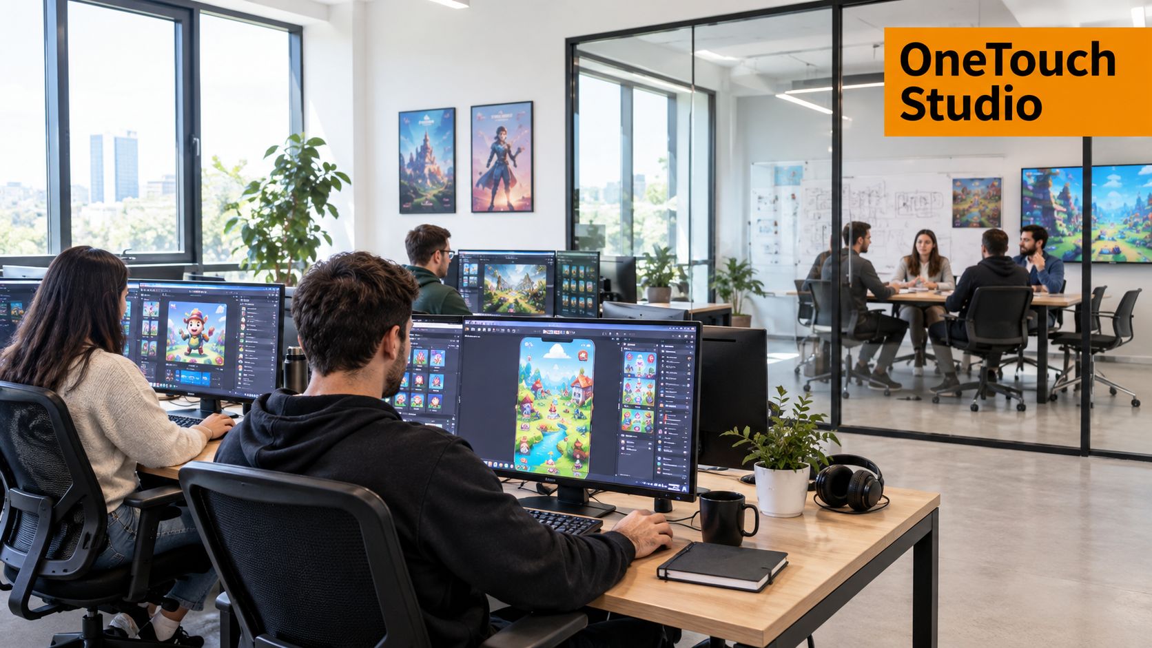 A professional game development team working at their desks inside a modern office with large computer monitors.