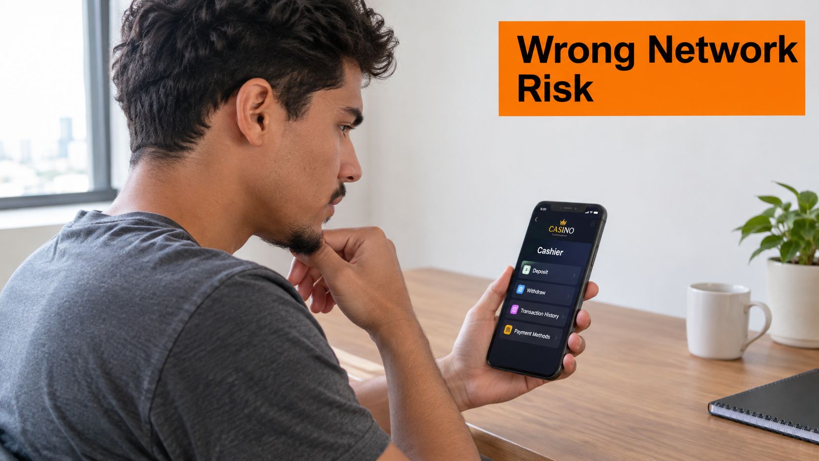 A man looking at a casino app on his smartphone, highlighting potential crypto network transaction risks.