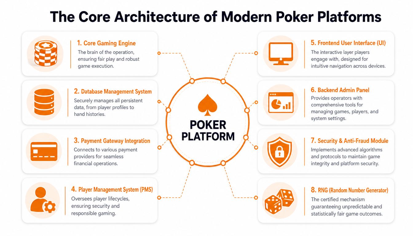 A diagram illustrating the eight core architecture components of a modern online poker software platform.