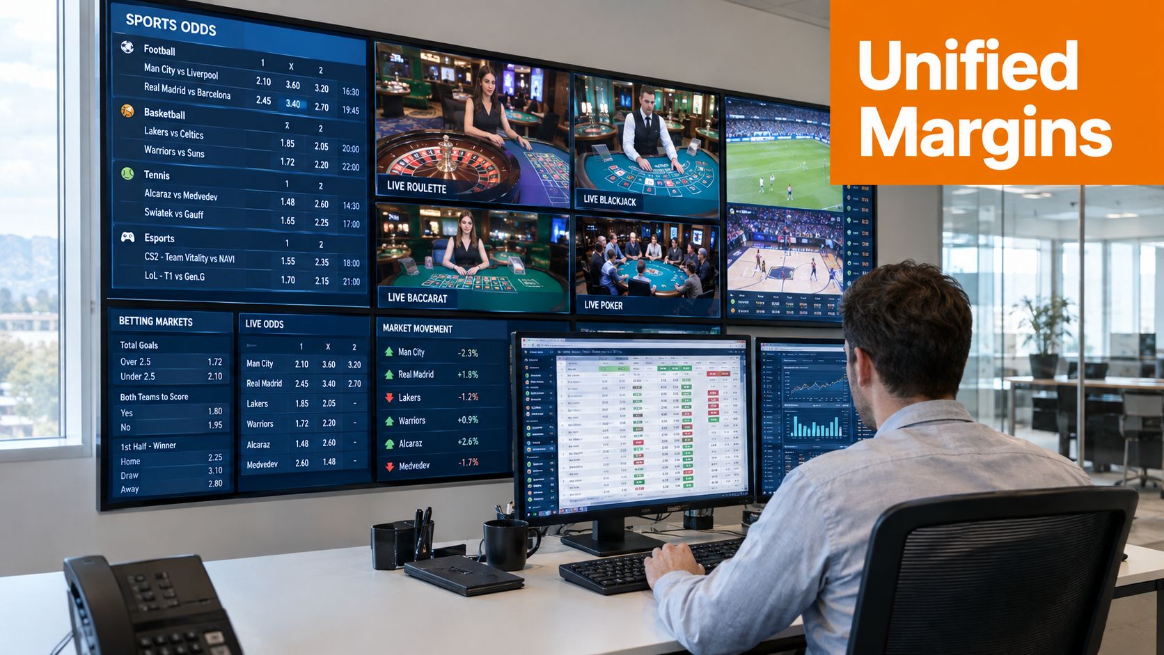 A professional analyst monitors live betting market odds and casino game streams on multiple office screens.