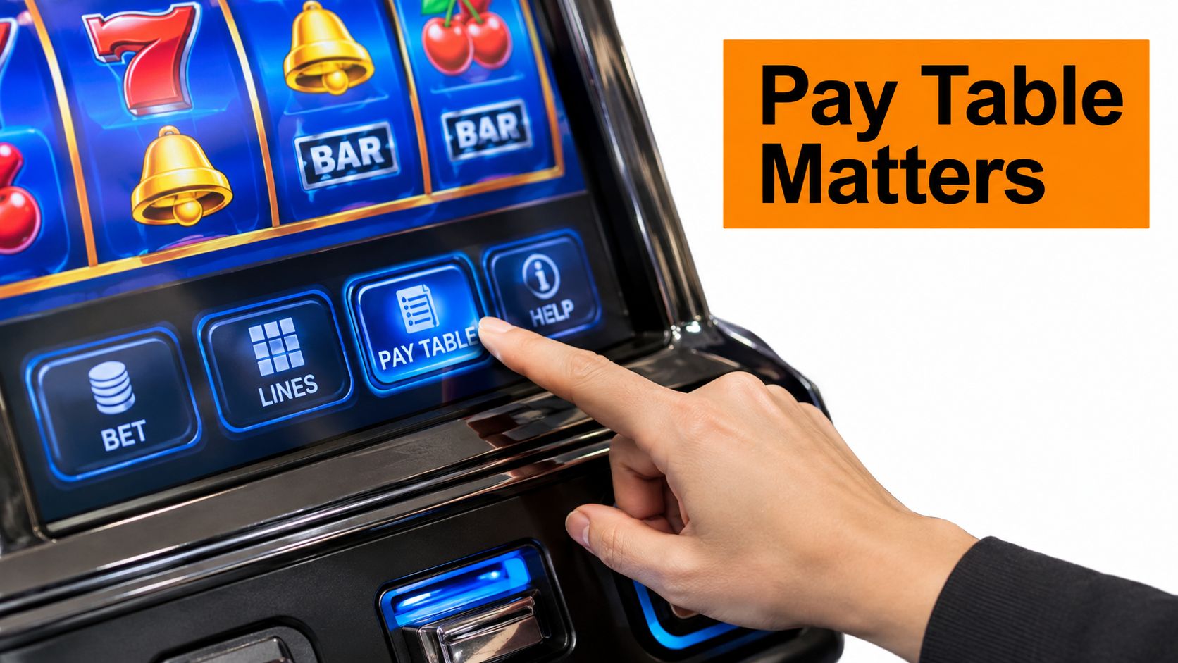 A person's finger pressing the Pay Table button on a digital slot machine interface screen.