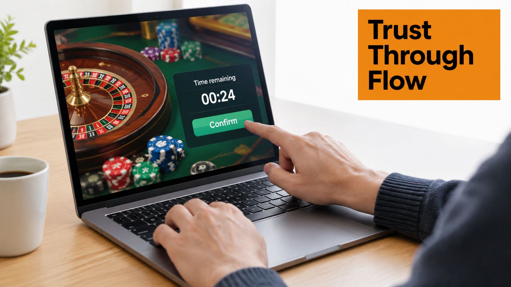 A person using a laptop to place an online casino bet with a countdown timer visible.