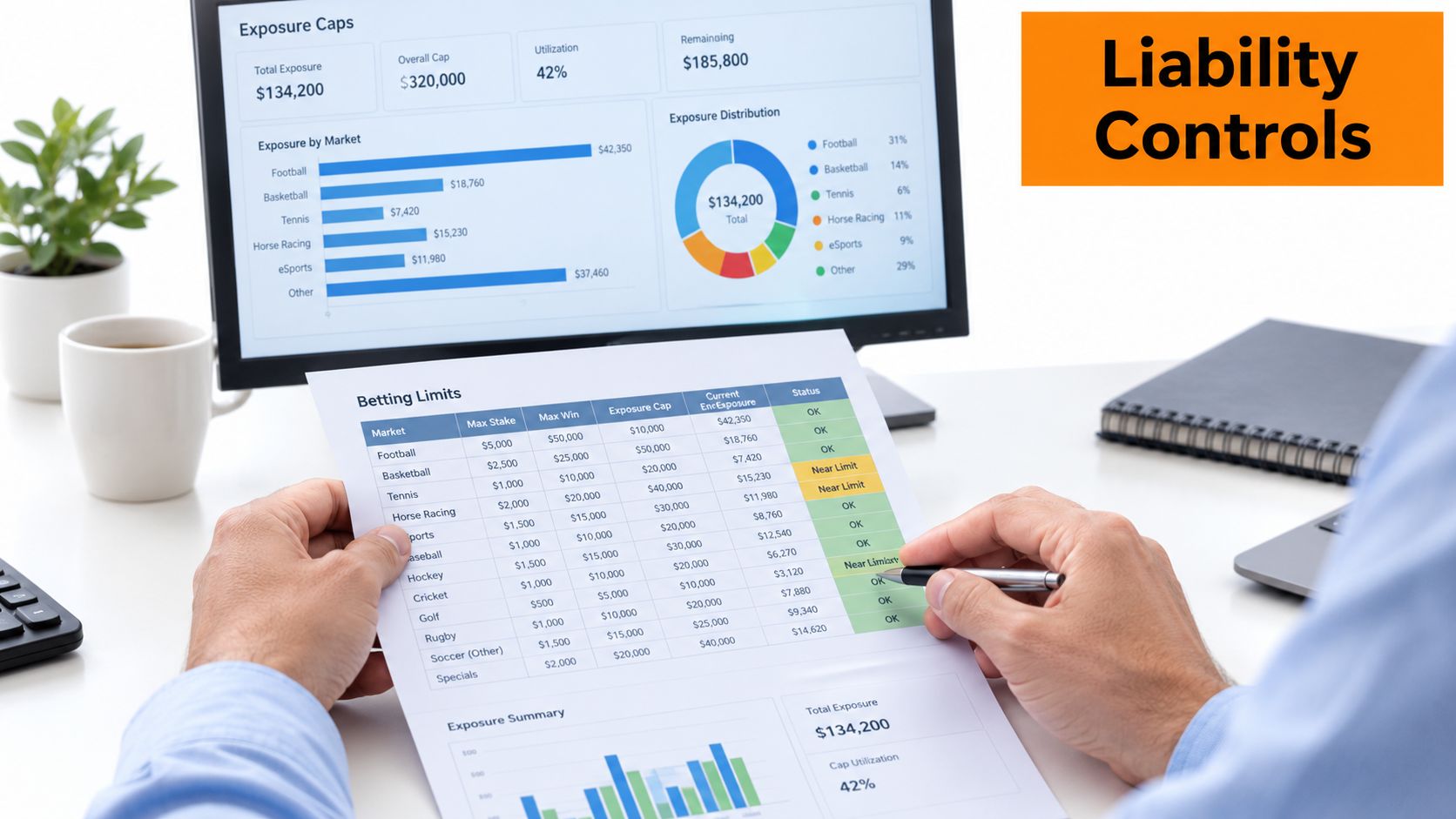 A professional analyzing sports betting risk management data on a computer screen and a physical report.