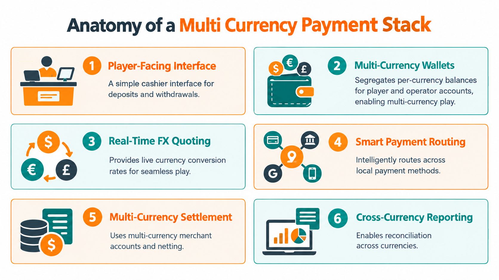 An infographic titled Anatomy of a Multi Currency Payment Stack displaying six essential components for global payments.