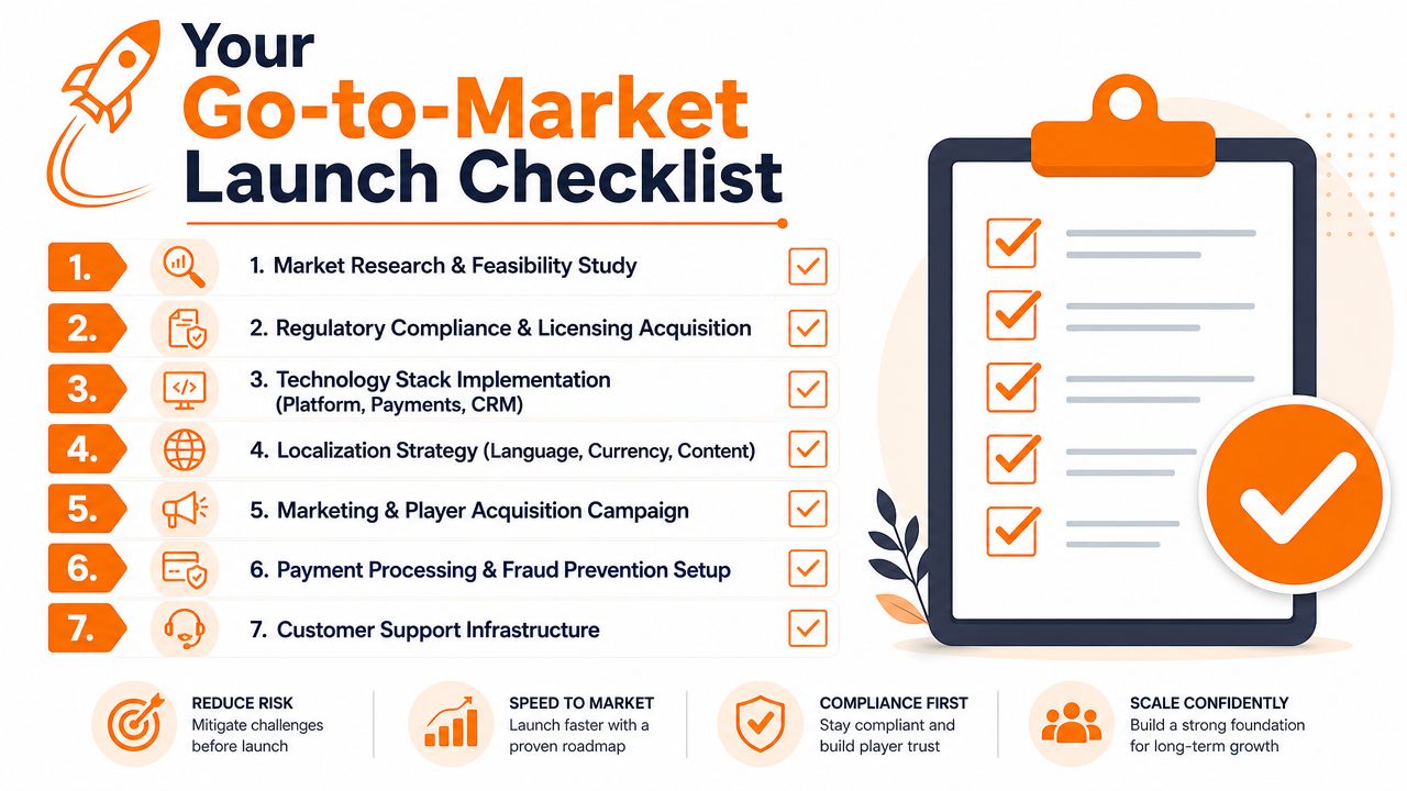 A Go-to-Market launch checklist for online businesses, featuring seven key steps for successful implementation and growth.